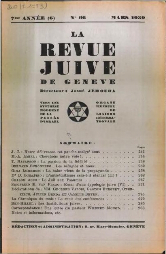 La Revue Juive de Genève. Vol. 7 n° 6 fasc. 66 (mars 1939)